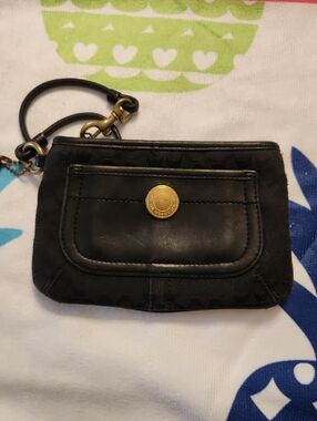 Coach Black Leather & Signature Wristlet with Brass Snap